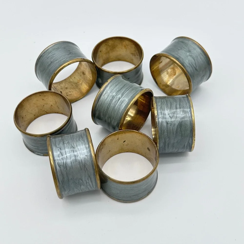 Vintage Napkin Rings Set of 8 Gray Enamel Brass Faux Pearlized Marbled